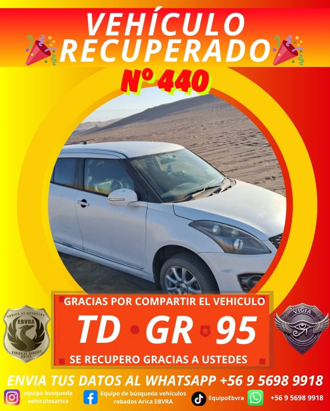 📌 VEHÍCULO RECUPERADO<br><br>🔴 TRAS UN DATO CERTERO DE UNO NUESTROS INFORMANTES SE LOGRO RECUPERAR VEHÍCULO CON ENCARGO POR ROBO MEDIANTE UN ASALTO Y LA TRAS FALLIDA SALIDA HACIA BOLIVIA POR CHUTEROS, SE AGRADECE A PERSONAL DE LA PDI EN LA CUAL ACUDIERON DE INMEDIATO AL LUGAR DE LOS HECHOS.<br><br>Equipo de Búsqueda Vehículos Robados Arica EBVRA EN AYUDA A LA COMUNIDAD.