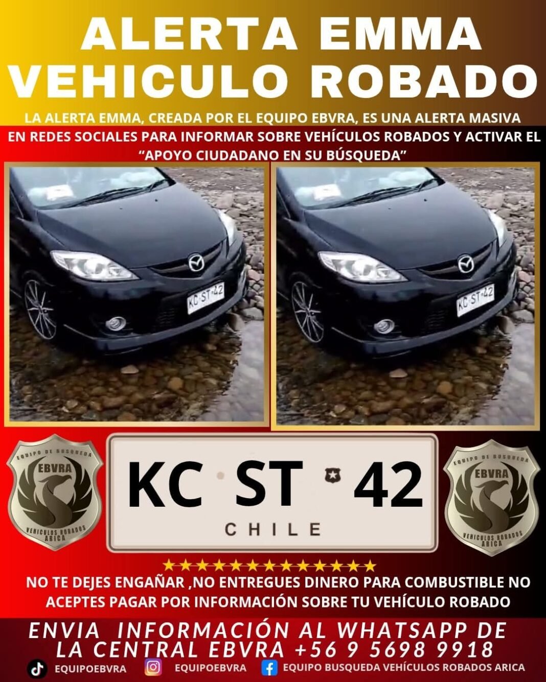 🔴 ¡URGENTE! VEHÍCULO ROBADO 🔴<br><br>Patente: KCST-42<br><br>Año: 2010<br><br>Tipo: STATION WAGON<br><br>Marca: MAZDA<br><br>Modelo: PREMACY 2.0 AUT<br><br>Color: NEGRO<br><br>☎️ Si lo ves, contáctanos de inmediato al WhatsApp:<br><br>📲 +56 9 5698 9918 (Disponible 24/7)<br><br>Cada minuto cuenta. Cuantas más personas lo vean, mayores serán las posibilidades de encontrarlo. Compartir en grupos de compra, venta y remates puede marcar la diferencia.<br><br>https://chat.whatsapp.com/GKAeezscMV4E0gZEU8jrvp<br><br>🤝 ¡Gracias por tu ayuda y por estar atento!<br><br> #AricaContraLaDelincuencia #aricayparinacota #NoticiasAricaDenuncias