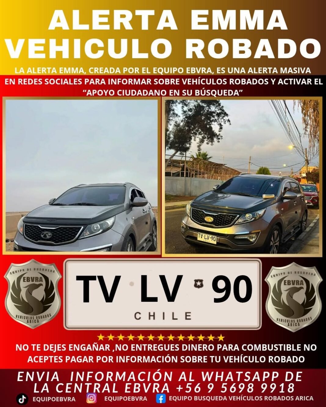 🔴 ¡URGENTE! VEHÍCULO ROBADO! 🔴<br><br>Patente: TV LV 90<br><br>Año: 2012<br><br>Tipo: Suv <br><br>Marca: Kia <br><br>Modelo: Sportage R<br><br>Color: Gris Oscuro <br><br>☎️ Si lo ves, contáctanos de inmediato al WhatsApp:<br><br>📲 +56 9 5698 9918 (Disponible 24/7)<br><br>Cada minuto cuenta. Cuantas más personas lo vean, mayores serán las posibilidades de encontrarlo. Compartir en grupos de compra, venta y remates puede marcar la diferencia.<br><br>🤝 ¡Gracias por tu ayuda y por estar atento!<br><br> #AricaContraLaDelincuencia #aricayparinacota #NoticiasAricaDenuncias