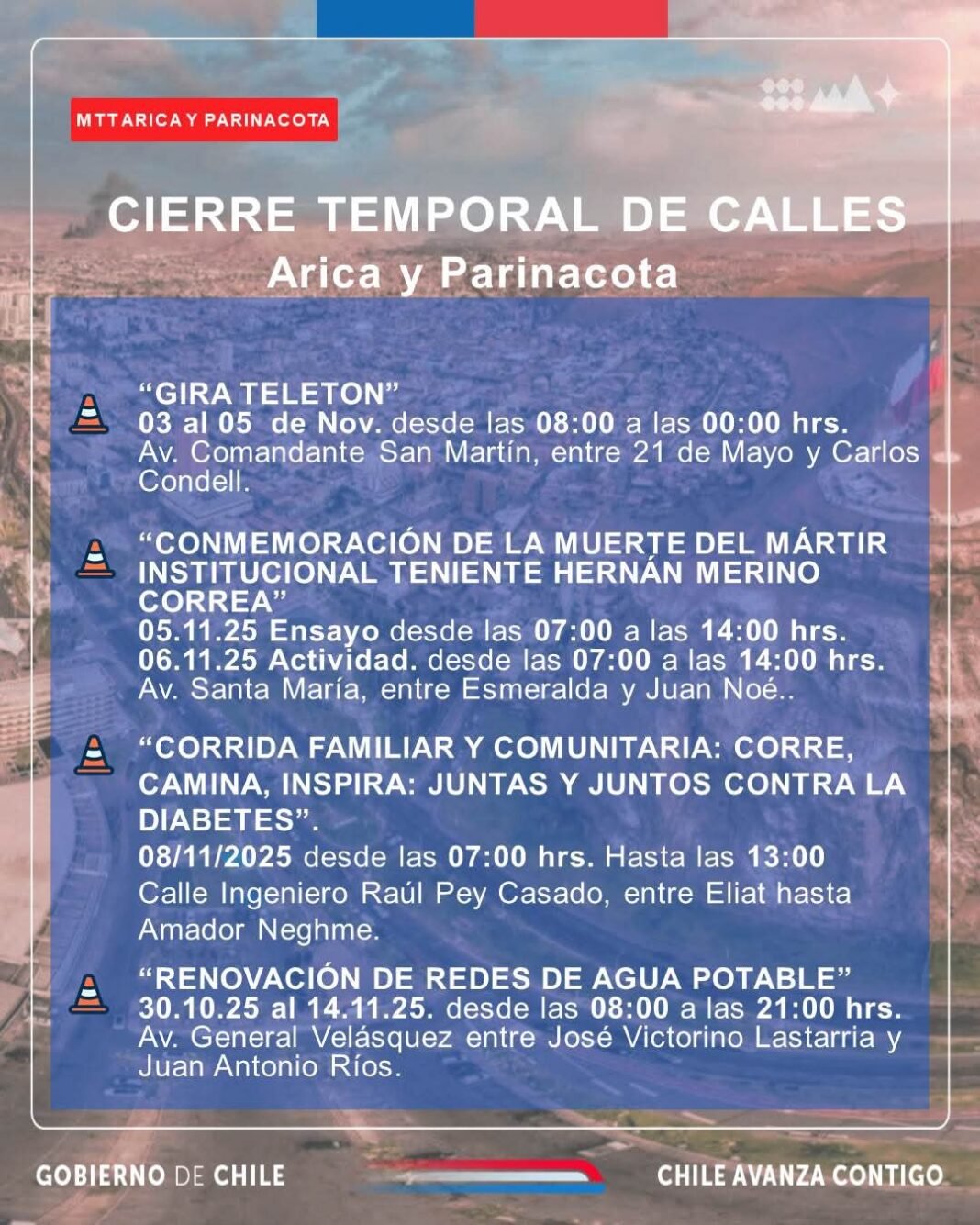 CORTE DE CALLES EN ARICA DEL 3 AL 9 DE NOVIEMBRE