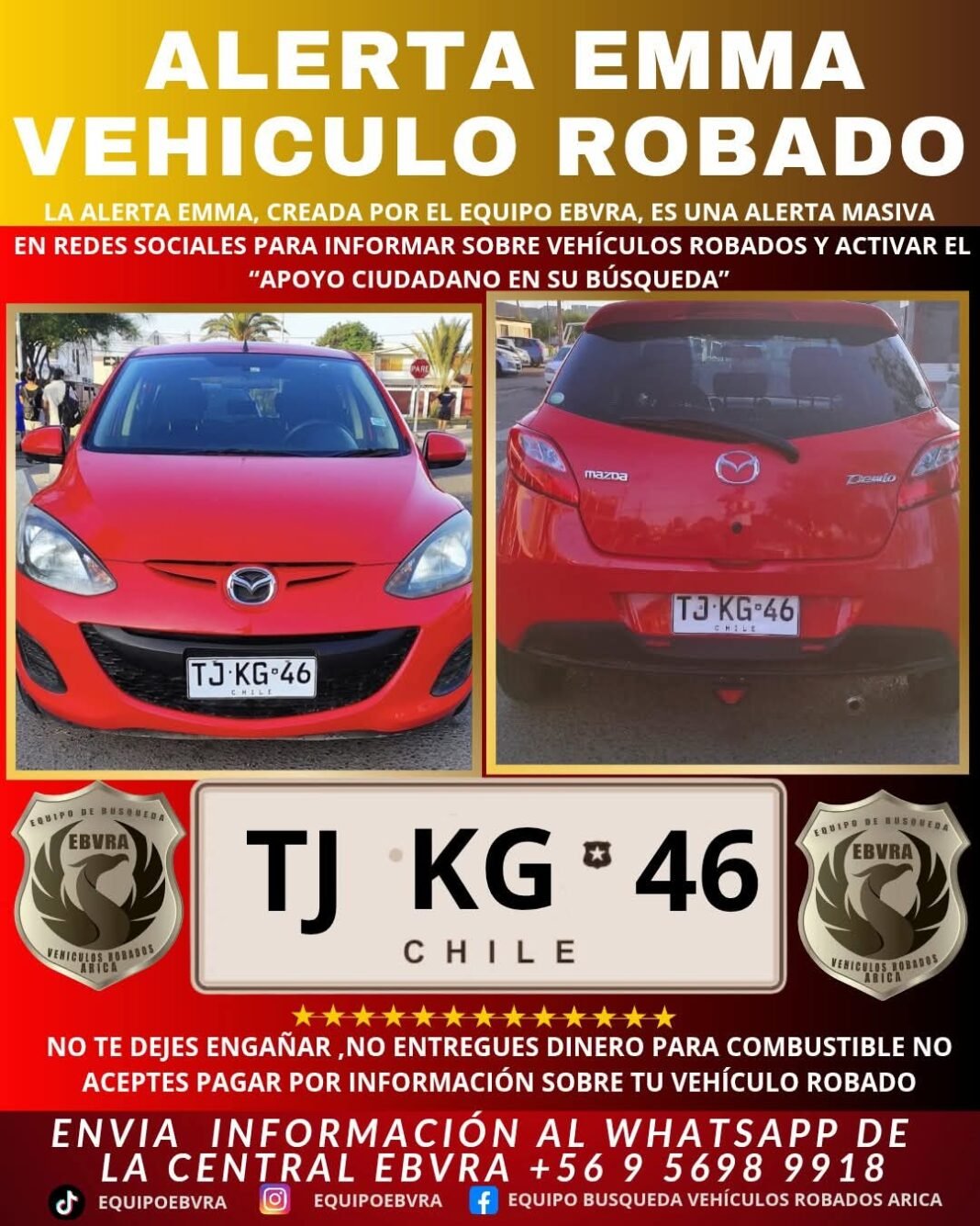 🔴 ¡URGENTE! VEHÍCULO ROBADO 🔴<br><br>Patente TJKG47<br><br>Año: 2014<br><br>Marca: MAZDA <br><br>Modelo: DEMIO<br><br>Color: ROJO <br><br>☎️ Si lo ves, contáctanos de inmediato al WhatsApp:<br><br>📲 +56 9 5698 9918 (Disponible 24/7)<br><br>Cada minuto cuenta. Cuantas más personas lo vean, mayores serán las posibilidades de encontrarlo. Compartir en grupos de compra, venta y remates puede marcar la diferencia.<br><br>https://chat.whatsapp.com/GKAeezscMV4E0gZEU8jrvp<br><br>🤝 ¡Gracias por tu ayuda y por estar atento!<br><br> #AricaContraLaDelincuencia #aricayparinacota #NoticiasAricaDenuncias