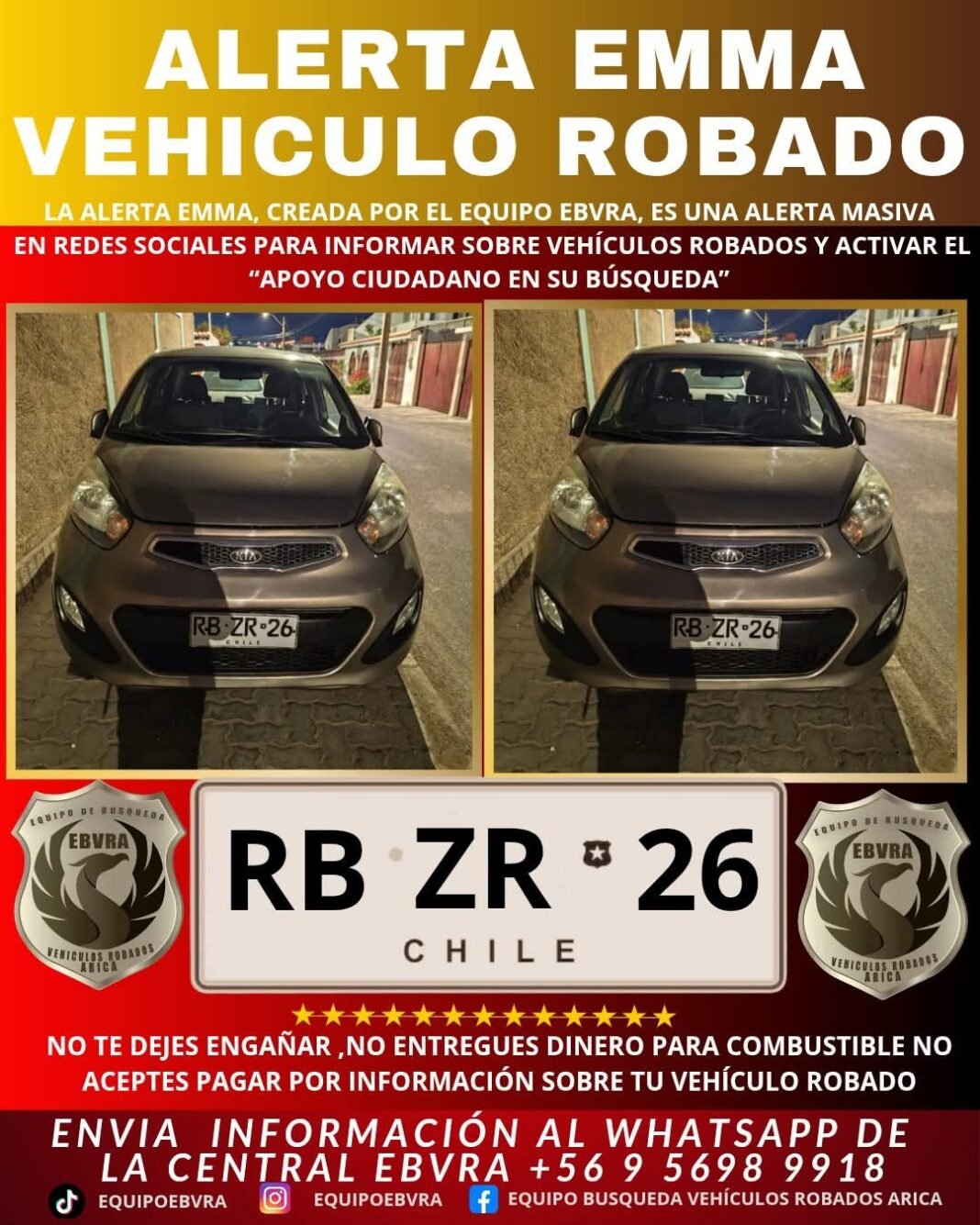 🔴 ¡URGENTE! VEHÍCULO ROBADO! 🔴<br><br>Patente: RB ZR 26<br><br>Año: 2015<br><br>Tipo: City Car<br><br>Marca: Kia<br><br>Modelo: Morning <br><br>Color: Gris<br><br>☎️ Si lo ves, contáctanos de inmediato al WhatsApp:<br><br>📲 +56 9 5698 9918 (Disponible 24/7)<br><br>Cada minuto cuenta. Cuantas más personas lo vean, mayores serán las posibilidades de encontrarlo. Compartir en grupos de compra, venta y remates puede marcar la diferencia.<br><br>🤝 ¡Gracias por tu ayuda y por estar atento!