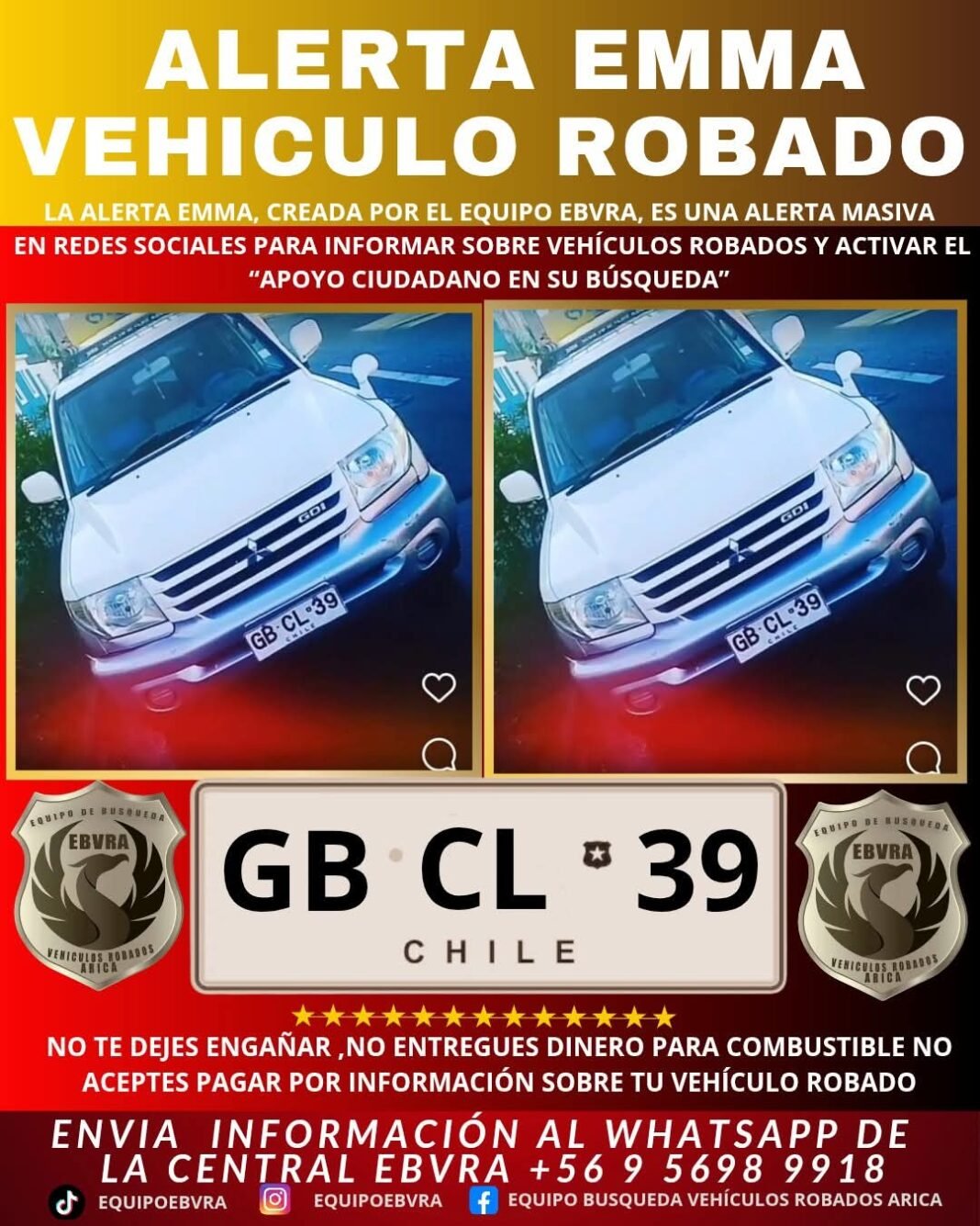 🔴 ¡URGENTE! VEHÍCULO ROBADO! 🔴<br><br>Patente: GB CL 39<br><br>Año: 2001<br><br>Tipo: Jeep<br><br>Marca: Mitsubushi <br><br>Modelo: Pajero<br><br>Color: Blanco <br><br>☎️ Si lo ves, contáctanos de inmediato al WhatsApp:<br><br>📲 +56 9 5698 9918 (Disponible 24/7)<br><br>Cada minuto cuenta. Cuantas más personas lo vean, mayores serán las posibilidades de encontrarlo. Compartir en grupos de compra, venta y remates puede marcar la diferencia.<br><br>🤝 ¡Gracias por tu ayuda y por estar atento!<br><br> #AricaContraLaDelincuencia #aricayparinacota #NoticiasAricaDenuncias