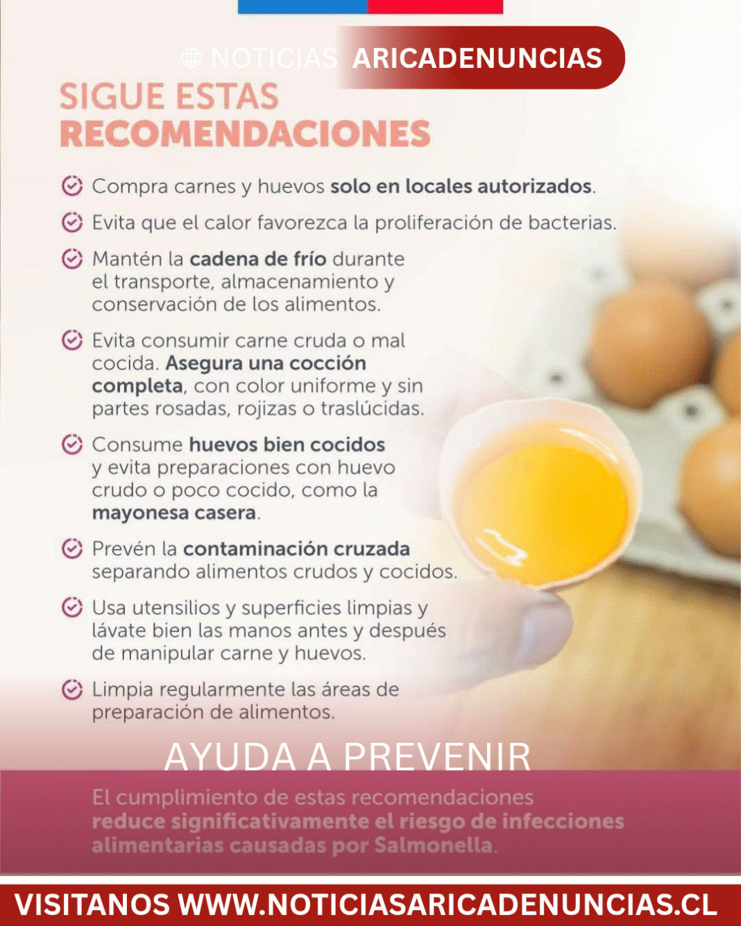 🔴 Durante la época de altas temperaturas, es fundamental reforzar las medidas de higiene para prevenir enfermedades transmitidas por alimentos.✅️ Sigue estas recomendaciones y reduce el riesgo de infecciones por Salmonella:✅️ Lávate las manos antes y después de manipular alimentos.✅️ Cocina completamente carnes, aves y huevos.✅️ Mantén los alimentos refrigerados y no rompas la cadena de frío.✅️ Lava y desinfecta frutas y verduras antes de consumirlas.✅️ Evita la contaminación cruzada entre alimentos crudos y cocidos.✅️ No dejes alimentos preparados a temperatura ambiente por mucho tiempo.#Aricayparinacota#NoticiasAricaDenuncias#AricaContraLaDelincuencia